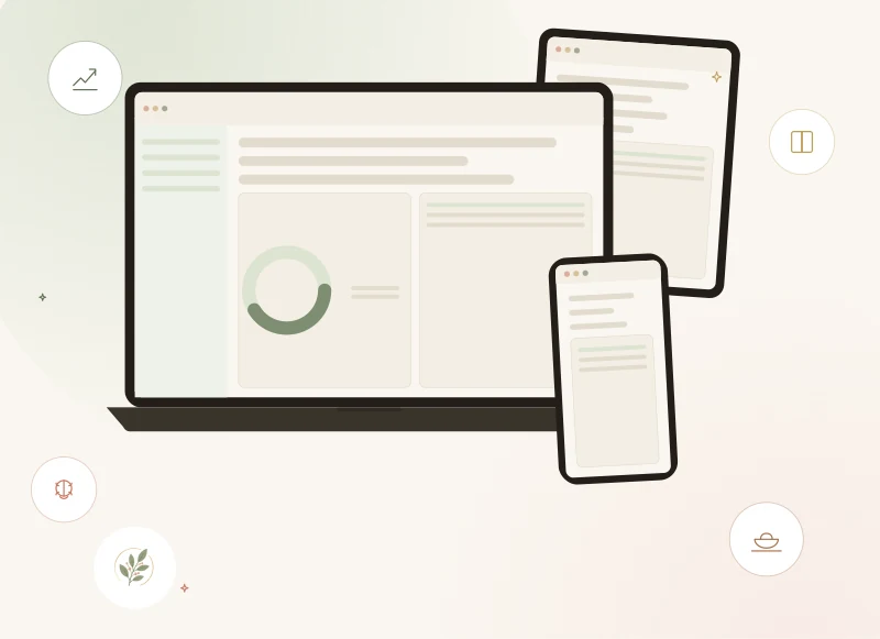 Illustration representing PlannerToolLab apps across a laptop, tablet and phone, with icons for the business, education, productivity and health & lifestyle categories. Not a screenshot of an actual product.